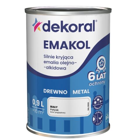 Emalia olejno-alkidowa do drewna i metalu DEKORAL EMAKOL, biała, połysk, 0,9 l